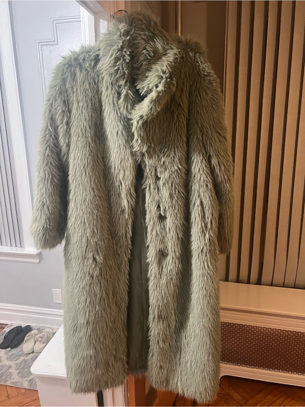PrettyLittleThing Sage Green Faux Fur Long Coat
